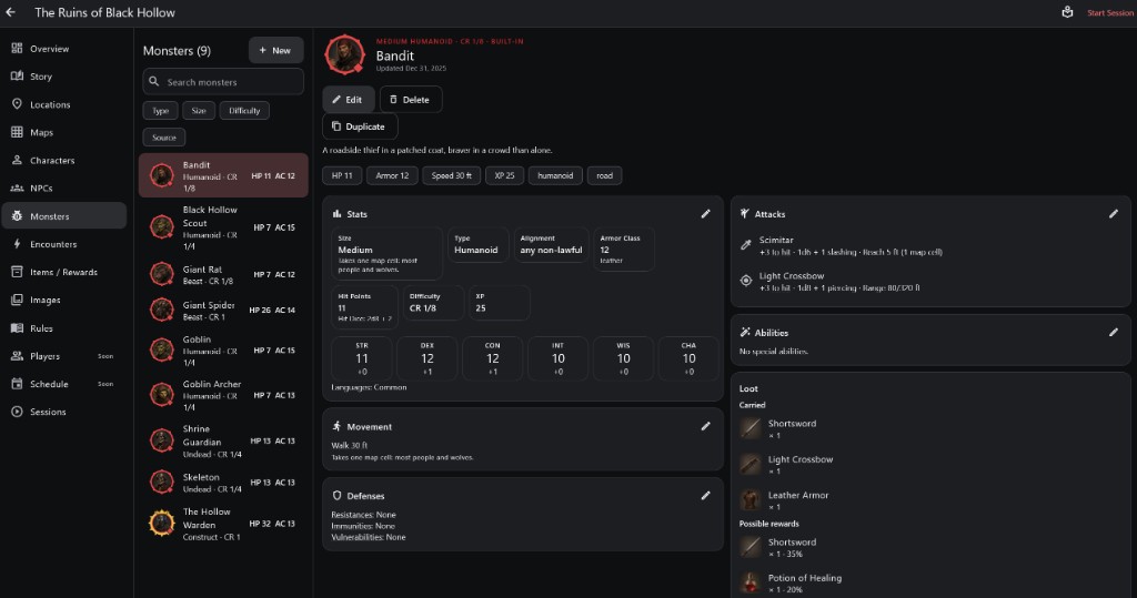 The Bandit monster page: the monster library, its identity and difficulty, Stats, Attacks, Movement, Defenses and Loot.