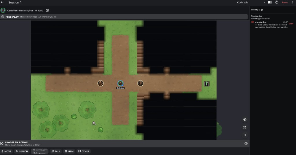A player's session screen with the Session log on the right showing the Introduction entry and its View button.