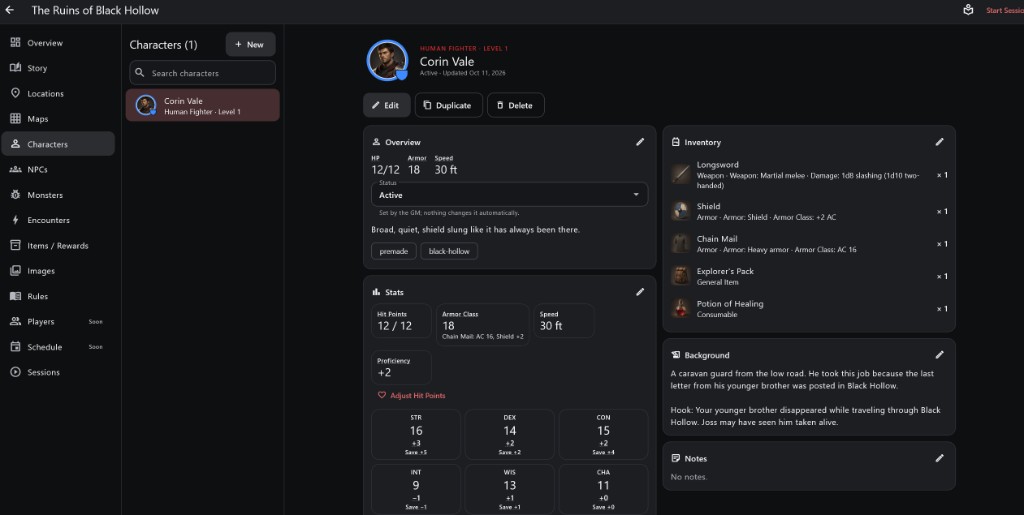 A character page with HP, armor class, ability scores and saves, inventory and background.