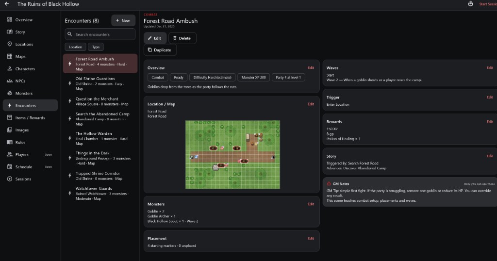 An encounter page with map placement, monsters, waves, trigger, rewards and GM notes.