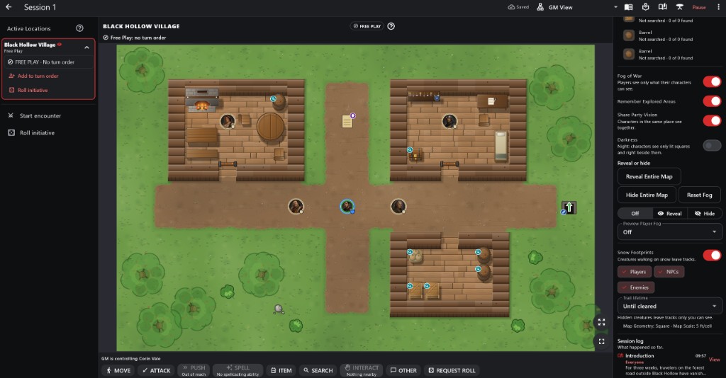 The GM session with fog of war, darkness, reveal and hide, and snow footprint controls in the right panel.