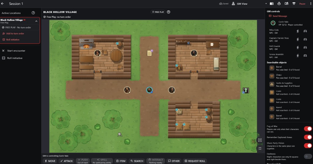 The GM's live session: active locations on the left, the village map with character and NPC tokens, GM controls and searchable objects on the right, and the action bar along the bottom.