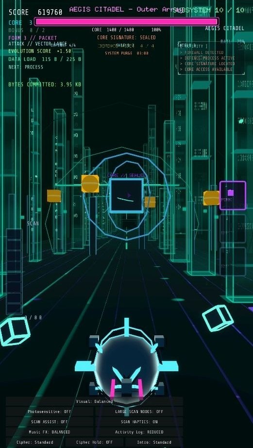 Vector//8 gameplay approaching Aegis Citadel through cyan wireframe towers