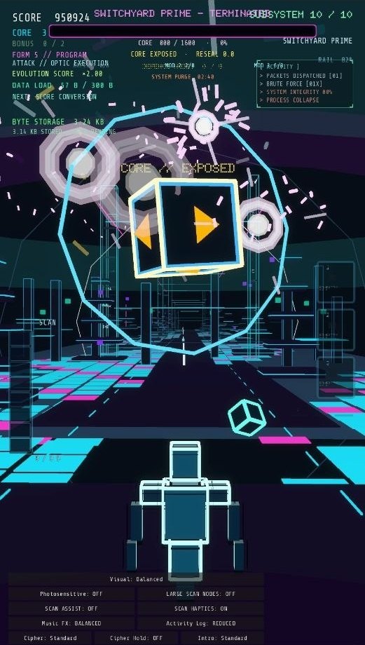 Vector//8 Switchyard Prime boss core exposed inside a cyan shield