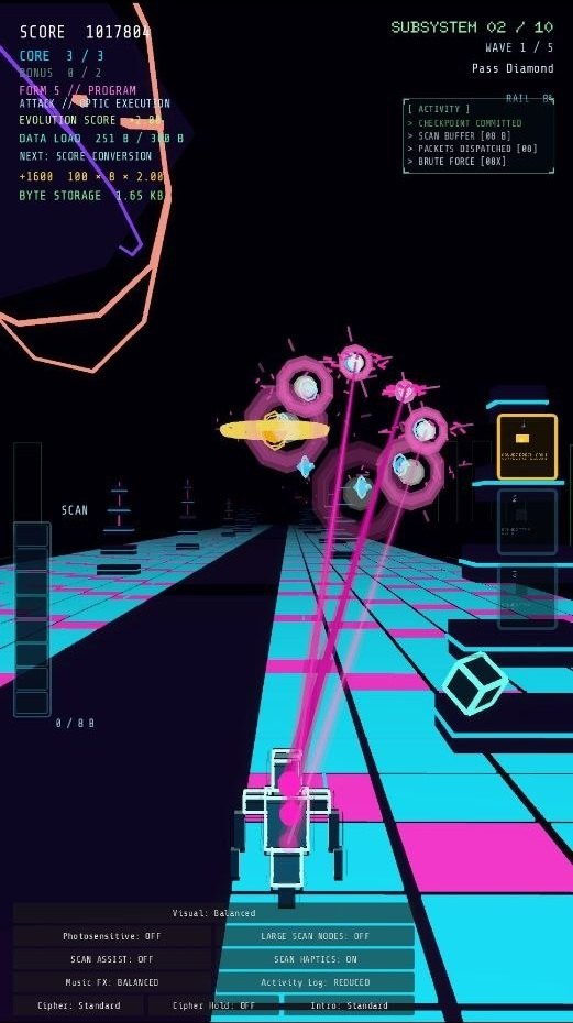 Vector//8 Gate Prelude combat with multi-target magenta scan beams