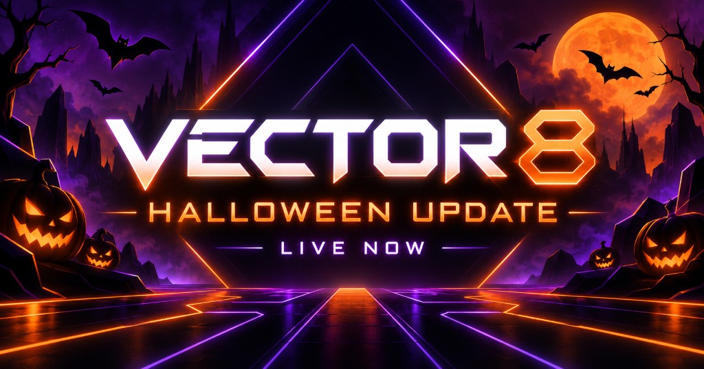 Vector 8 Halloween Update, Live Now: neon Vector 8 logo with jack-o’-lanterns, bats and an orange moon